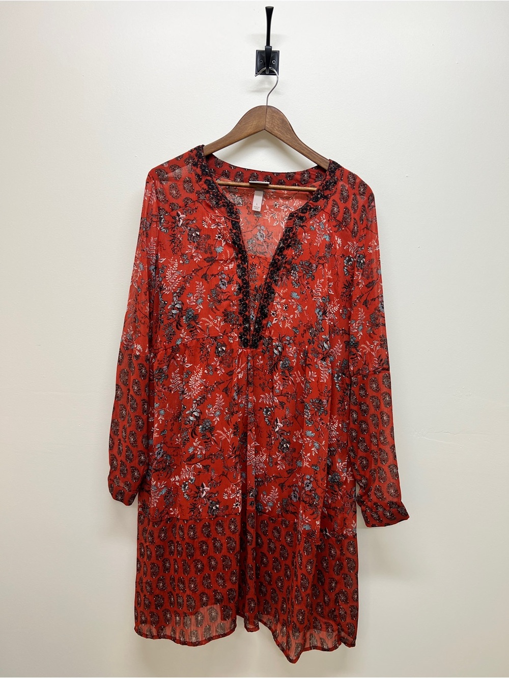 Knox Rose Burnt Orange Floral Midi Dress with Blue and Cream Accents - Picture 3 of 10
